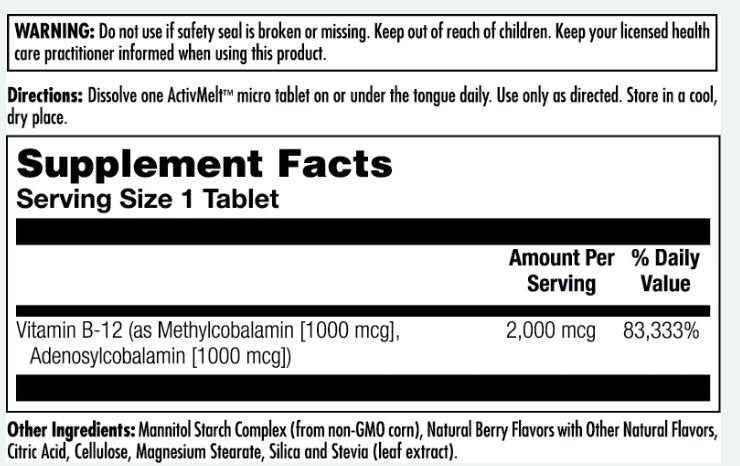 B-12 Methylcobalamin & Adenosylcobalamin 2000 mcg ActivMelt® Instant Dissolve Tablets - Terveys Health Store